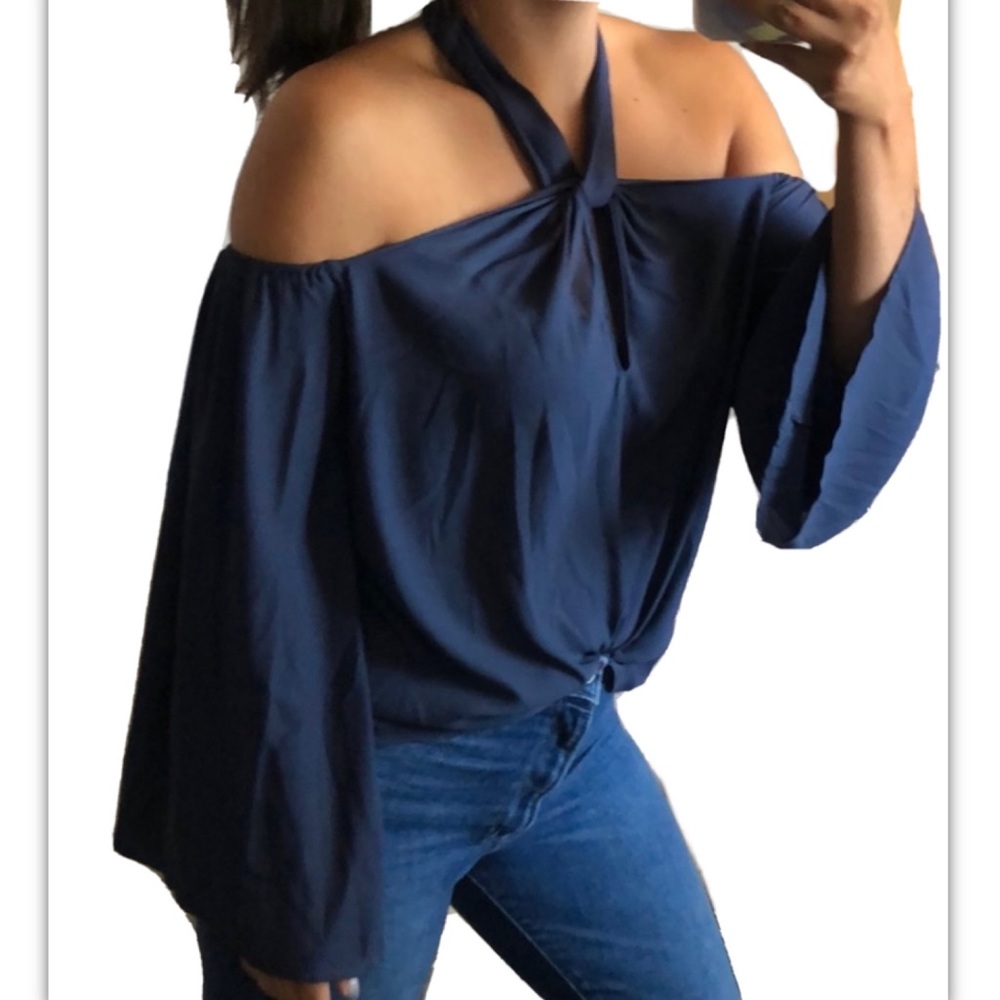Lush Navy Blue Off The Shoulder Halter Tie Top Bell Sleeve Blouse Size Medium